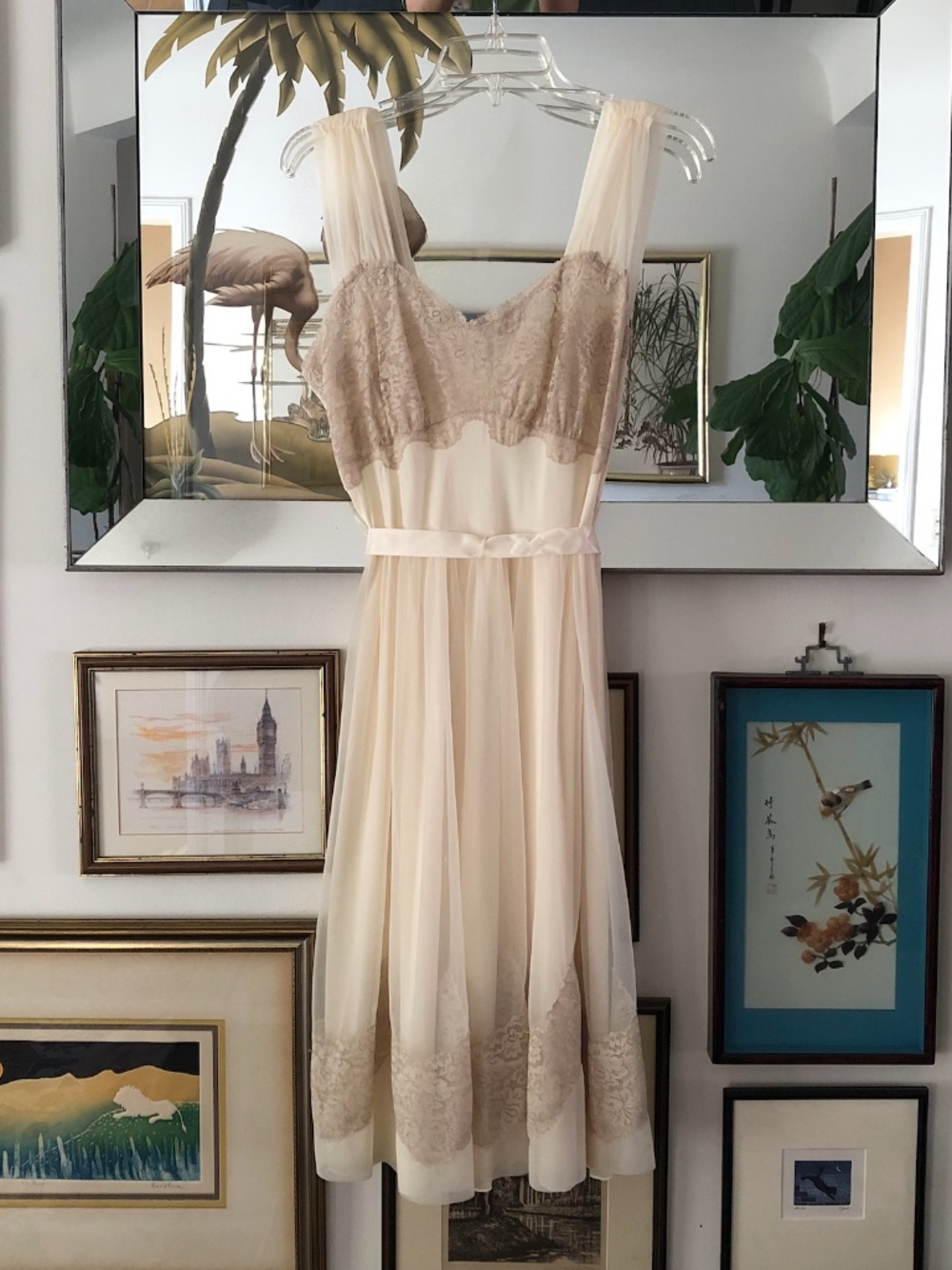 Vintage Henson Kickernick Cream Lace Sheer Chiffon Overlay Nightgown Size 34